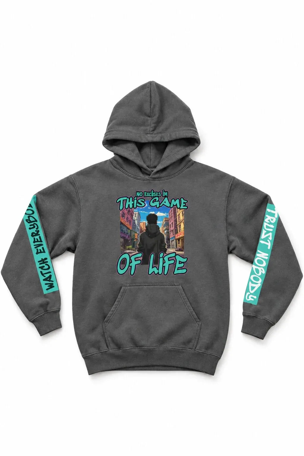 grey hoodie with graphic design and text on a white background